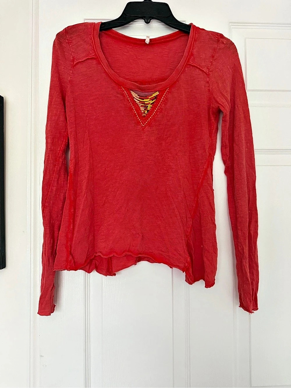 Free People Long Sleeve Beaded Top in Red XS